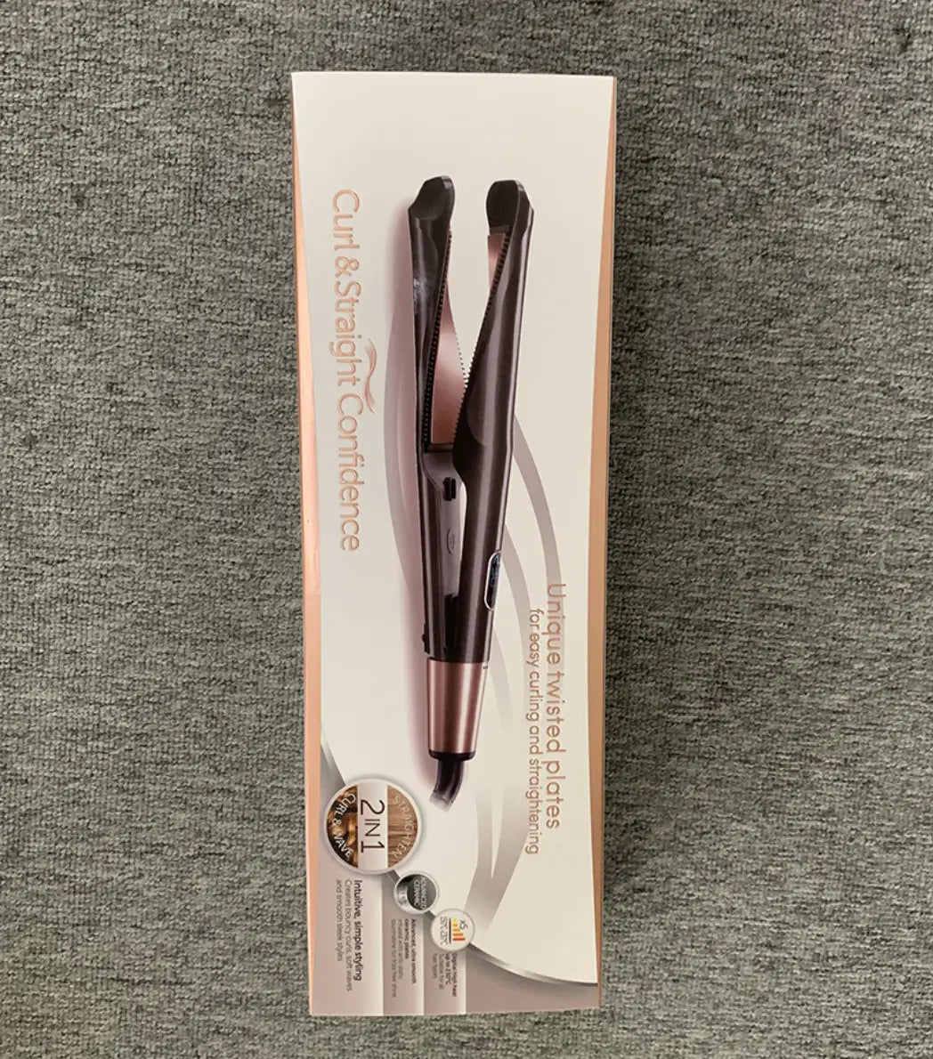 A sleek rose gold and black gold ceramic flat iron with unique twisted plates designed for curly hair care and hair care straight styling.