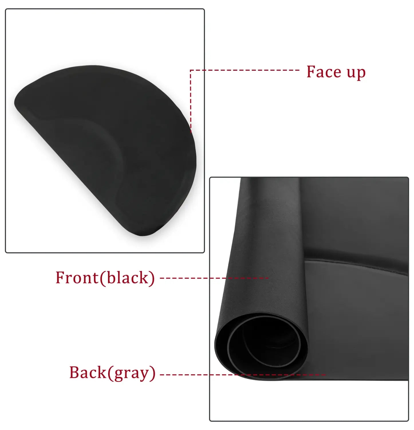 Outer Circle black salon mat rolled up showing its black surface and gray backside for anti-fatigue comfort.