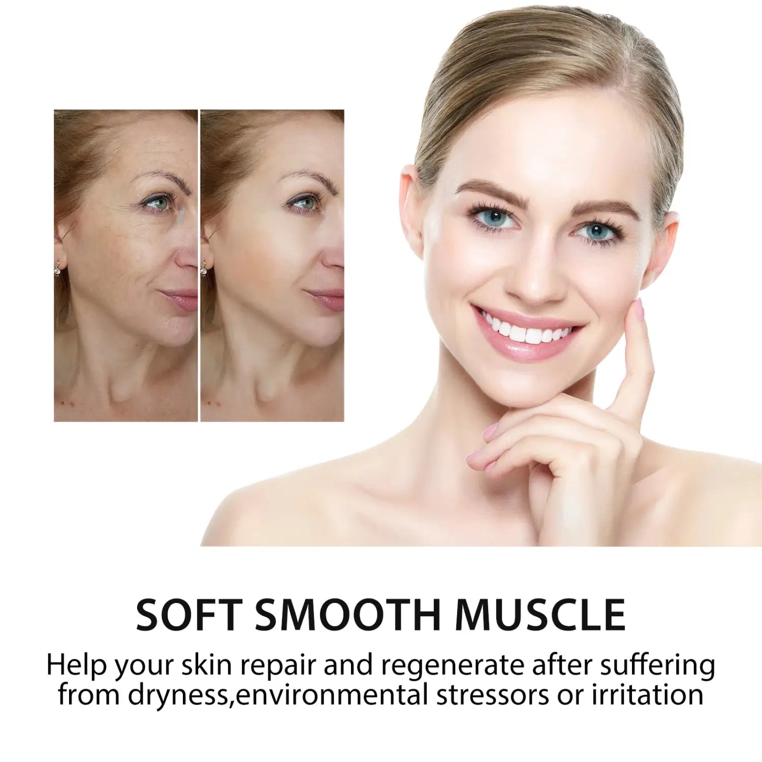 A woman with blue eyes and blonde hair is smiling gently while touching her cheek in an image representing an anti-aging wrinkle hydrating care solution.