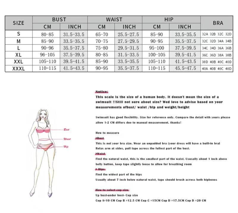 The image displays a detailed sizing chart in centimeters and inches for the dark offset printing split bikini swimsuit, covering sizes S through XXXL.