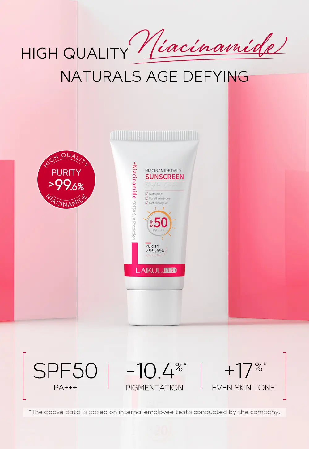 white tube of lakoumed nicotinamide day 50g moisturizing isolation spf 50 daily sunscreen with pink accents and spf 50 pa+++ labeling
