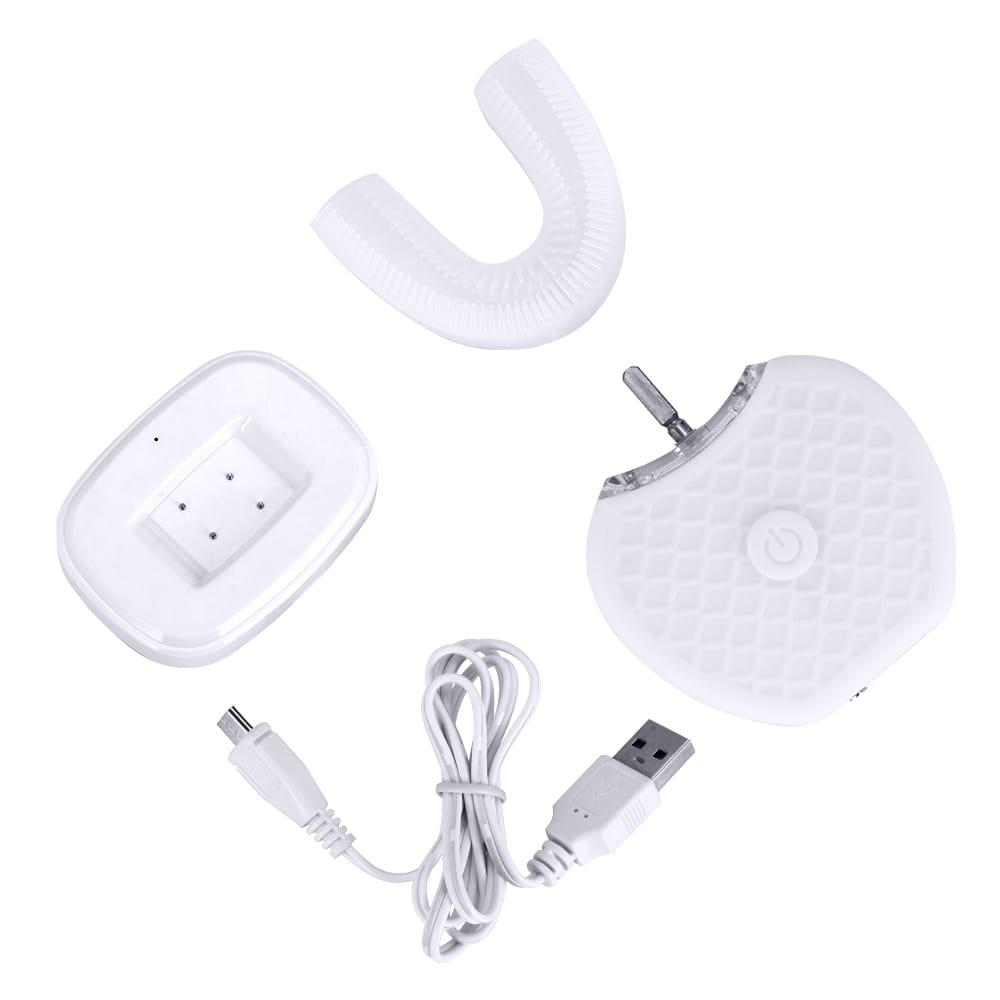 white ultrasonic electric toothbrush automatic tooth cleaner featuring a white silicone ultrasonic electric mouthpiece with a usb charging cable for effective teeth whitening and cleaning