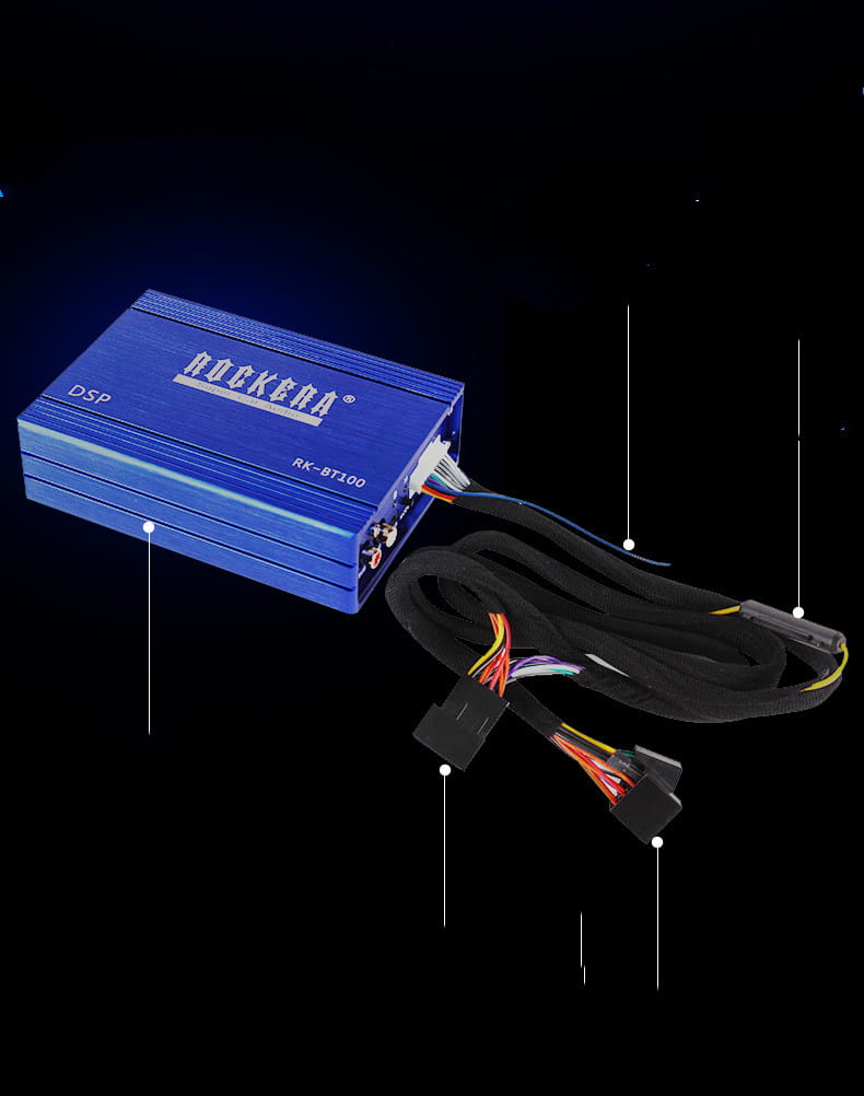 Blue rocker rk-bt100 dsp car audio amplifier with multi-colored wiring shown from the back side for advanced dsp audio processor in car audio systems.