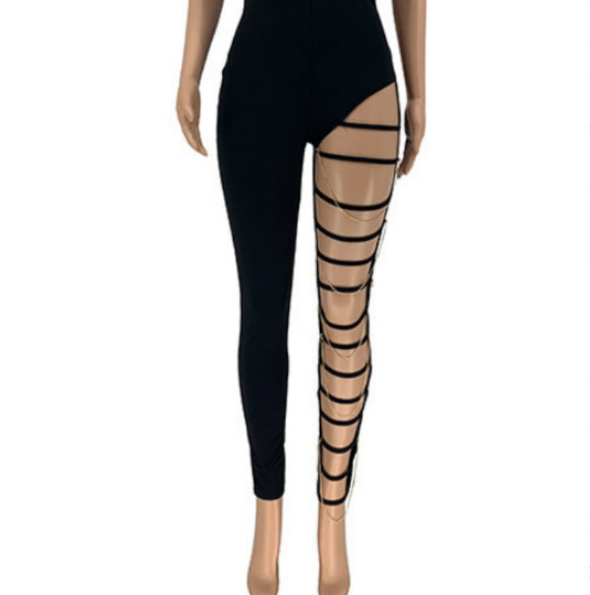 black high waisted leggings featuring a sheer strappy design along the outer leg, combining casual sexy style with ripped leggings for casual sexy women’s fashion.
