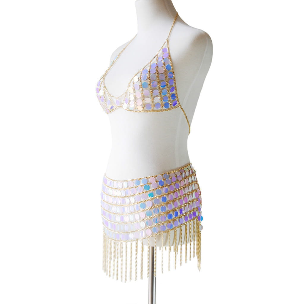 Iridescent glorious sequin dress nightclub costume featuring gold chain detailing and fringe designed for belly dance performances.