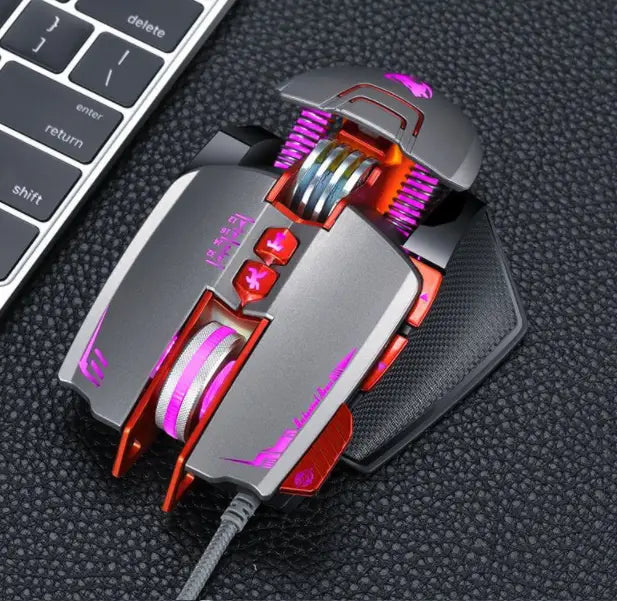 a sleek silver and red thunder wolf v9 gaming mouse with vibrant purple led lighting accents designed for precision gaming.