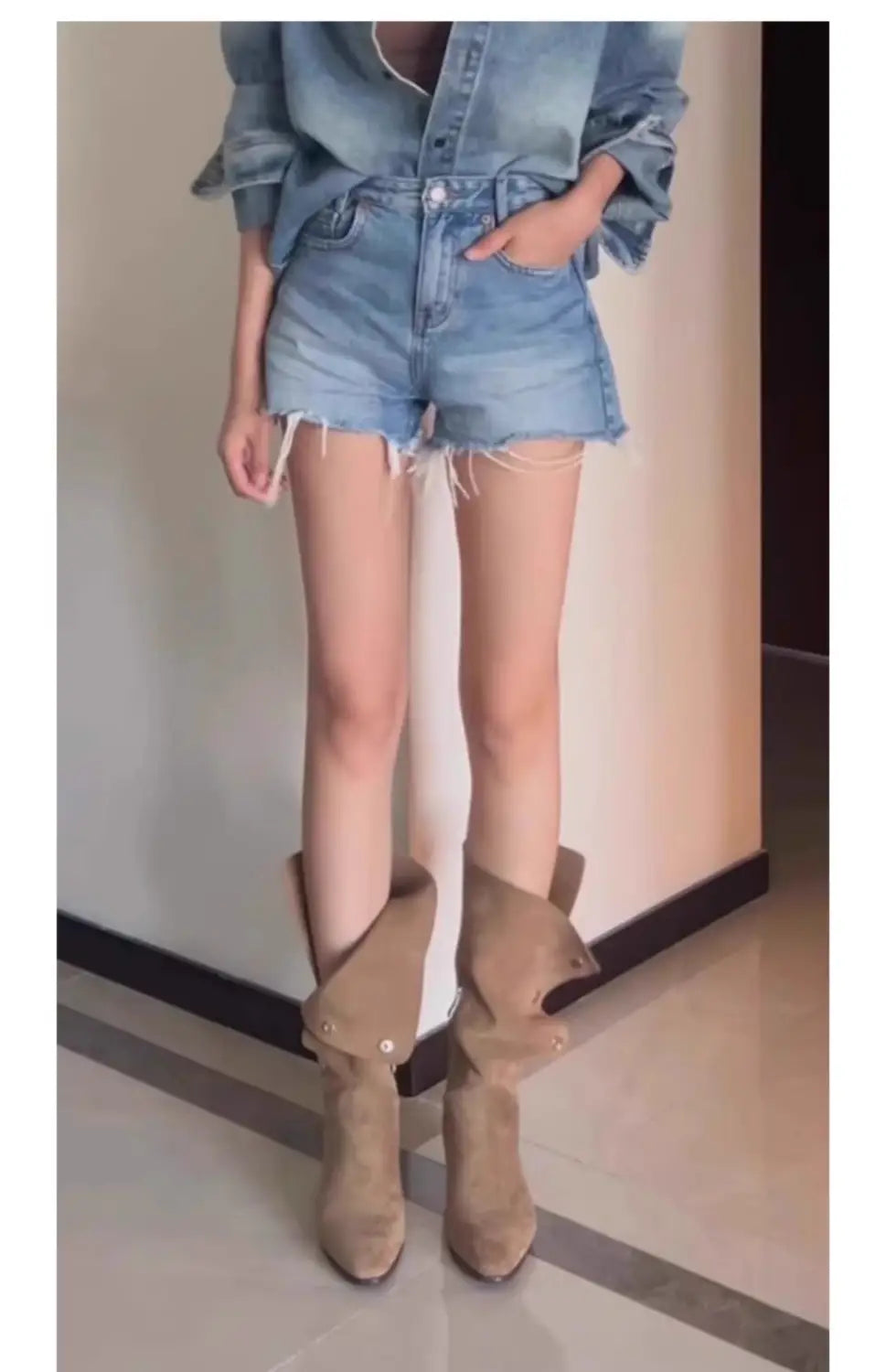 tan suede western cowboy pile style boots with pointed toe and decorative flap details