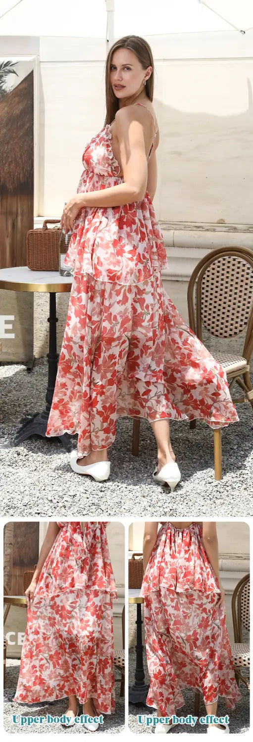 A flowing tiered maxi fashion simple dress in vibrant red and white floral pattern with delicate ruffles.