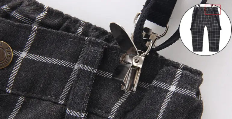 men’s plaid suspenders treasure suit tide suit featuring black and white plaid denim pants with metal clip attachments