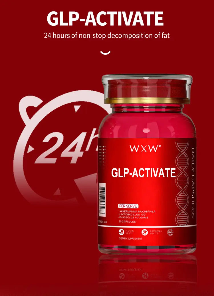 Red glass bottle of wxx glp-activate daily capsules with a gold-rimmed cap and white labeling for luxury glp-1 capsules supporting plus size dresses bikinis in luxury women’s fashion.