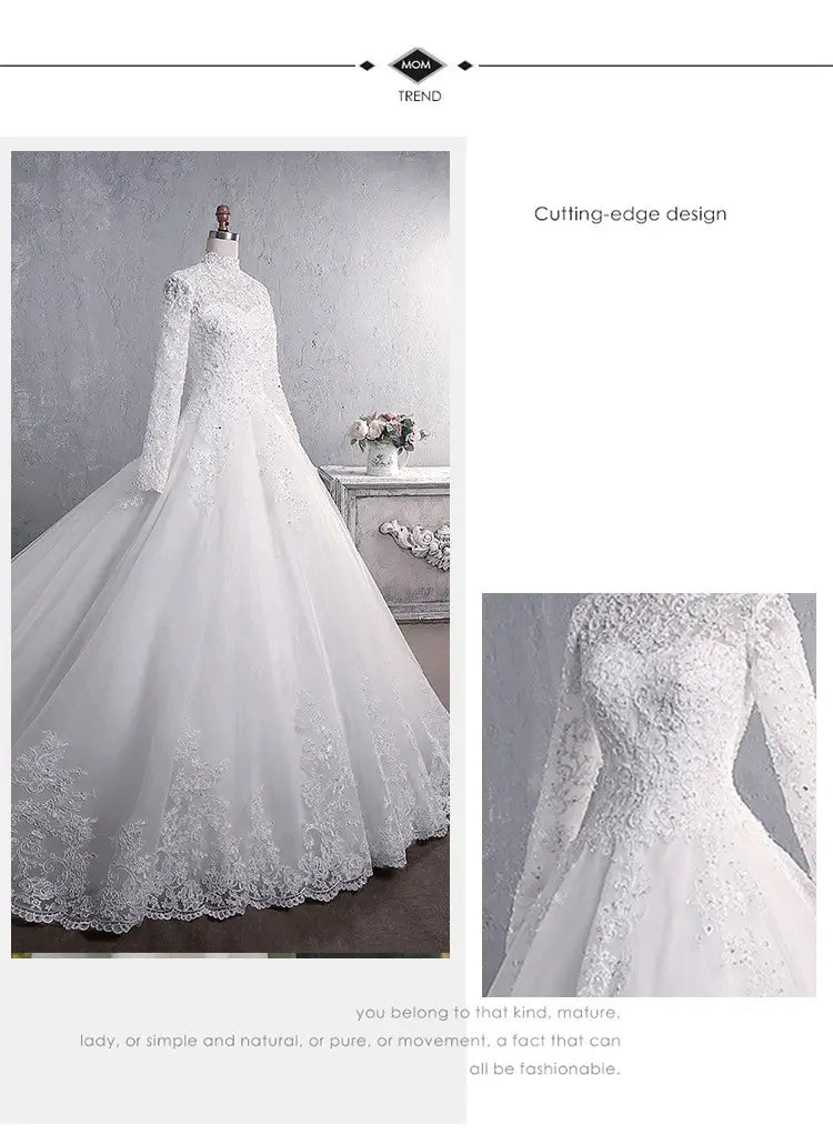 White lace wedding dress bridal gown with long sleeves, high neckline, and large tail.