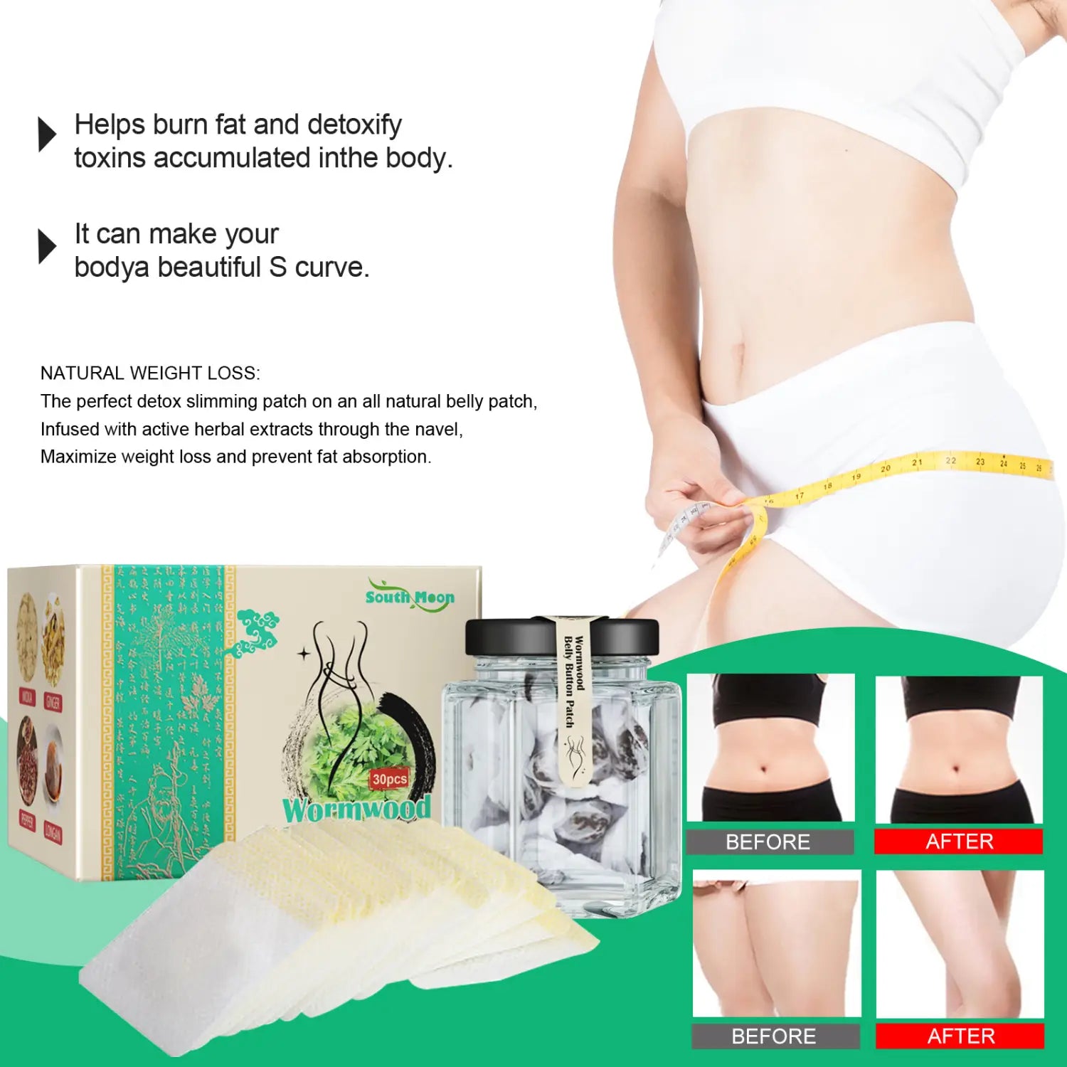 A white translucent gel weight loss patch designed for natural detoxification and marketed as the Wormwood Herbal weight loss patch.
