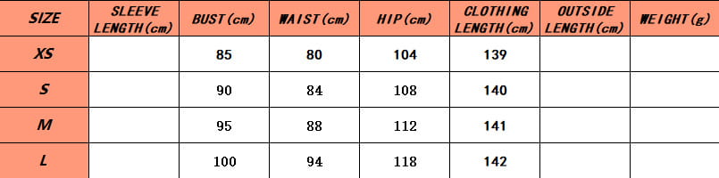 size chart for the silver strap sequins net drill suspenders gown displaying sleeve length, bust, waist, hip, and weight measurements across sizes xs to l.