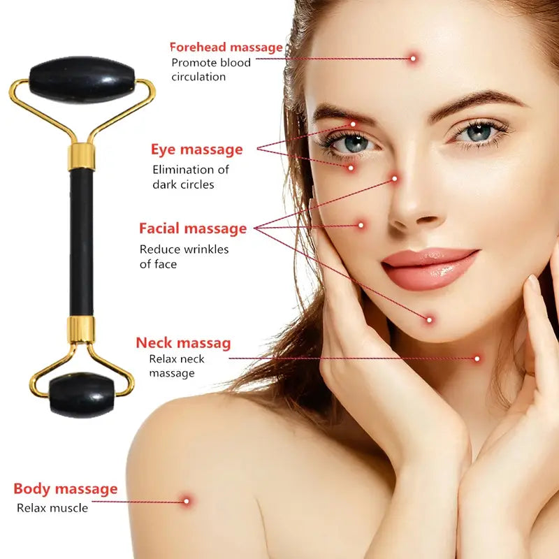 black obsidian beauty face care massage jade roller with gold-toned facial roller, black jade-like rollers, and a sleek ergonomic handle for targeted face care massage.