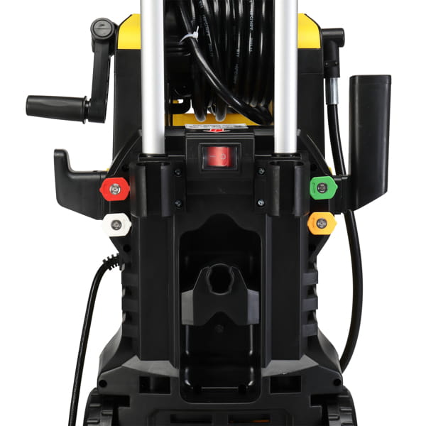 Yellow high pressure cleaning machine with hose reel featuring a black and yellow pressure washer, coiled hose, red power button, and color-coded spray nozzles for efficient pressure cleaning.