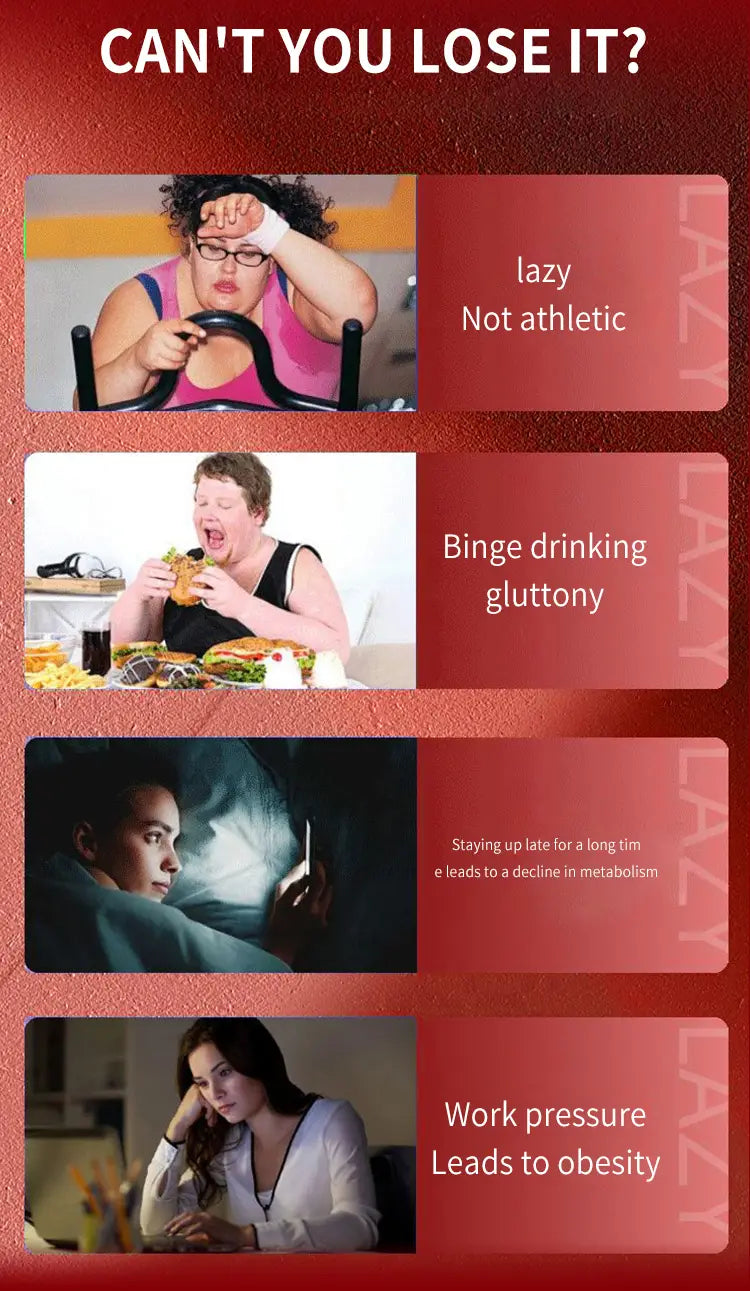 red promotional poster with bold white text cant you lose it and four panels showing individuals with unhealthy lifestyle habits promoting luxury glp-1 capsules for plus size fashion including dresses and bikinis