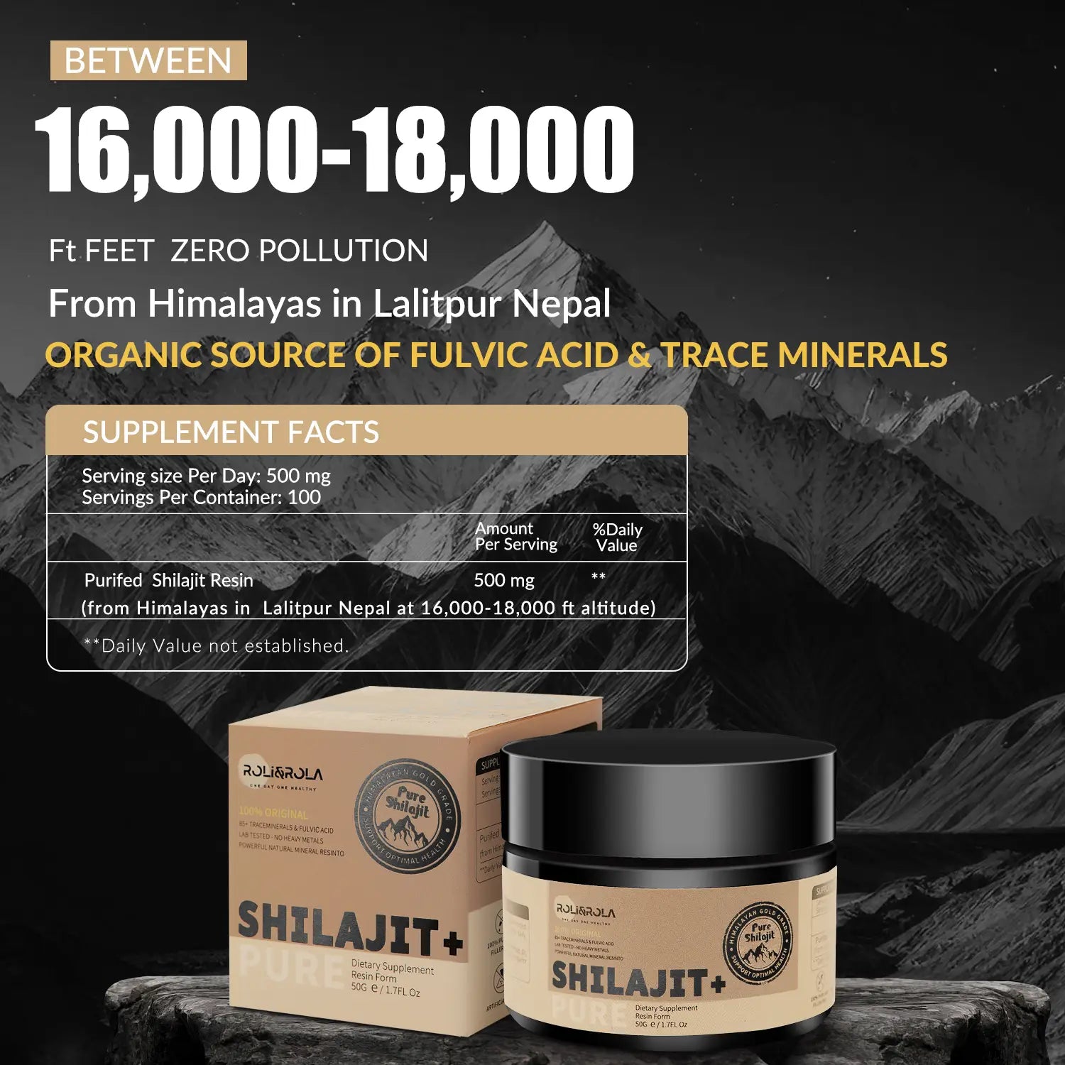 tan cardboard box and matching jar with black lid labeled shilajit plus by r.j containing shilajit resin 50g dietary supplement