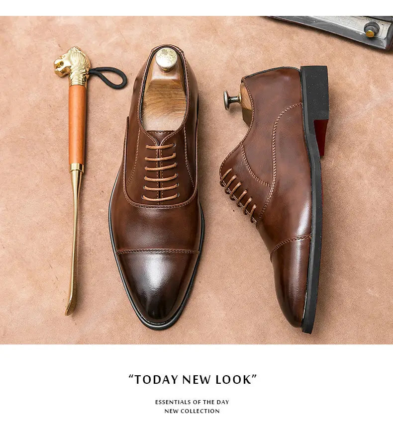 Brown leather plus size casual cap toe oxford shoes with a polished finish and contrasting stitching designed as casual leather shoes.