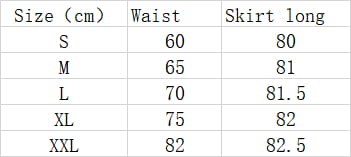 The image displays a size chart in centimeters for waist and skirt length of a high waist tiered pink slimming mesh skirt from size S to XXL.