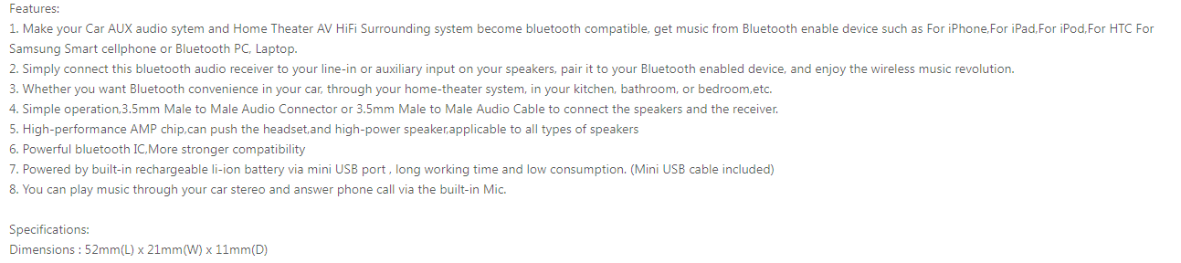 bluetooth car aux adapter streaming a2dp wireless with 3.5mm male to male connector designed for seamless streaming a2dp wireless music from smartphones and tablets via bluetooth pairing.