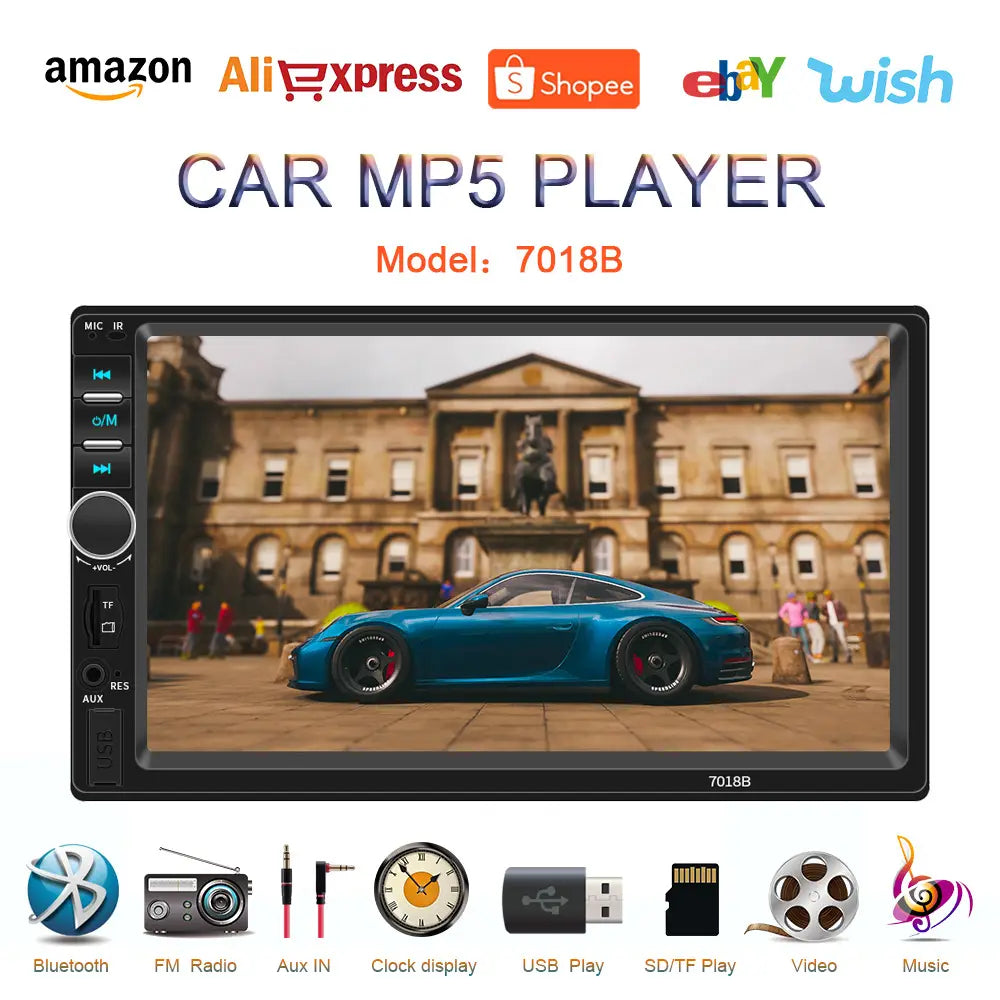Black 7018b 7 inch dual spindle vehicle mp5 player with touchscreen display showing a blue sports car featuring mobile phone interconnection and phone interconnection universal capabilities.