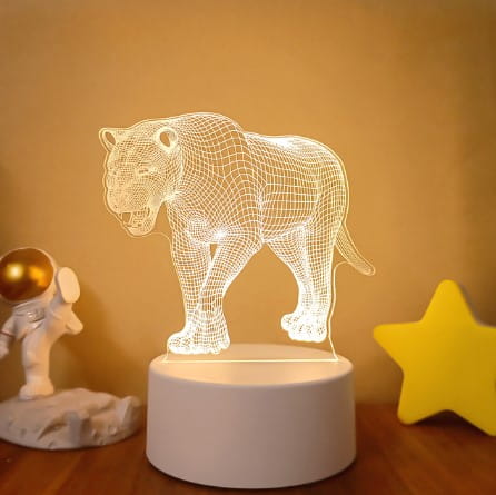 white 3d led tiger lamp with a wireframe design glowing softly on its circular base features colorful touch remote control lights for adjustable brightness and ambiance.