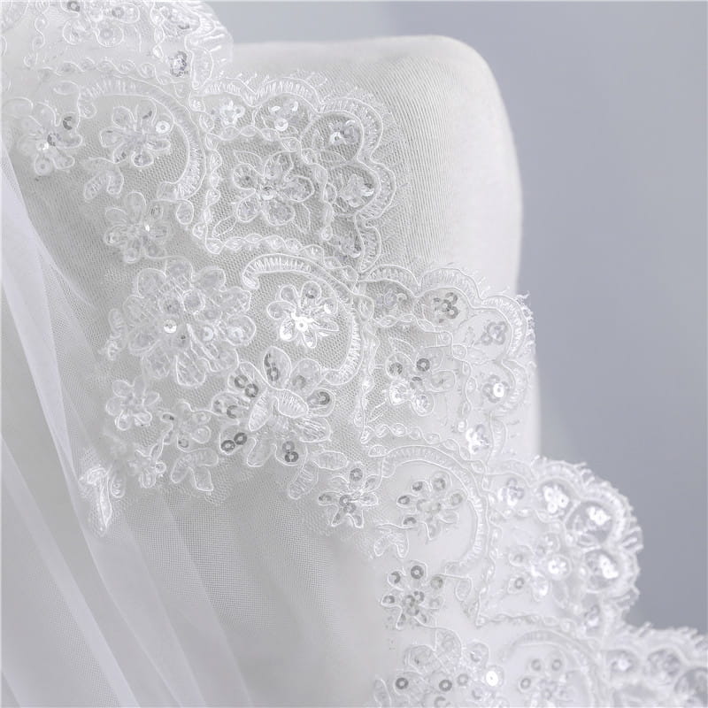 White lace short veil soft mesh sequined lace in white ivory adorned with intricate floral embroidery and sparkling sequins.