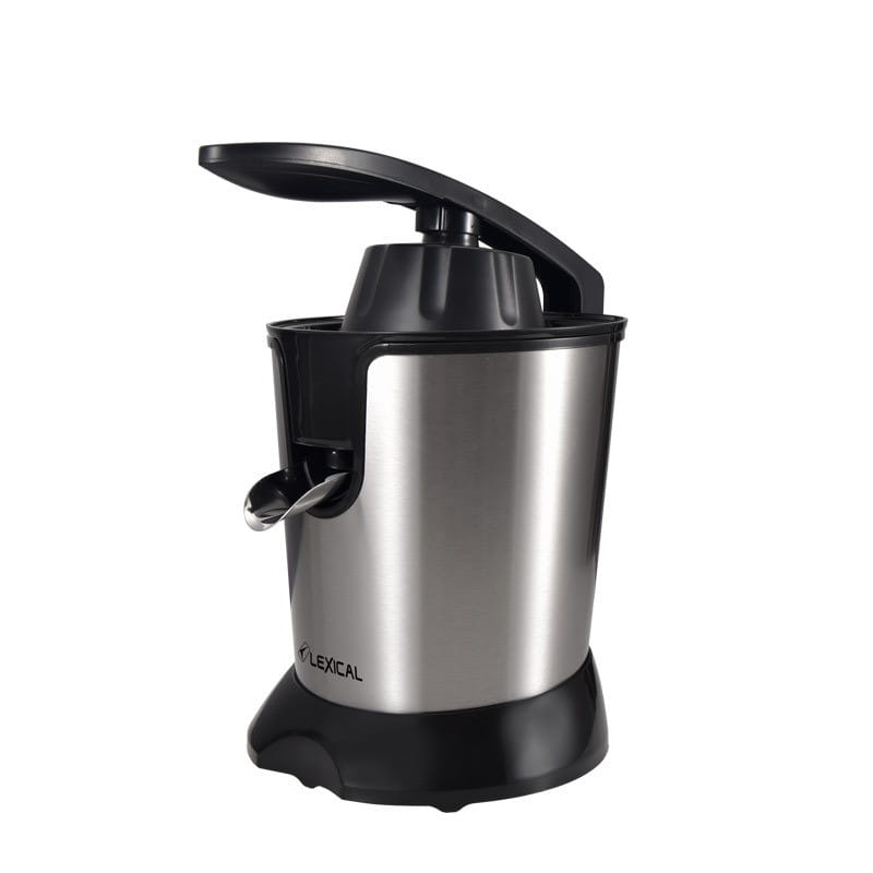 Stainless steel and black plastic electric juice separation machine with a hinged lid and spout designed for orange juice extraction.