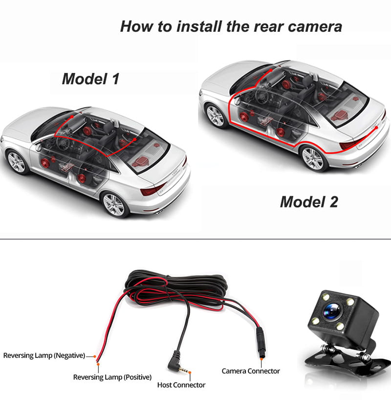 black rear camera with mounting bracket and attached wiring for vehicle installation of 1080p dual lens dash cam video recorder shown from back side