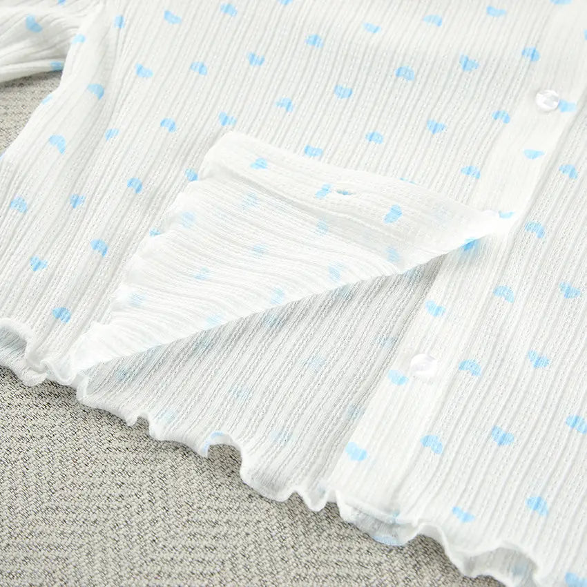 white cotton blouse with knitted heart printing in light blue on soft textured fabric for a heart printing comfortable loungewear set