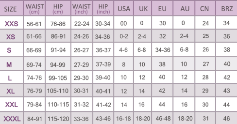 the blush pink melody hot shaping leggings size chart displays measurements in centimeters and inches for sizes xxs to xxxl, highlighting the shascullfites melody hot legging dimensions for optimal fit.