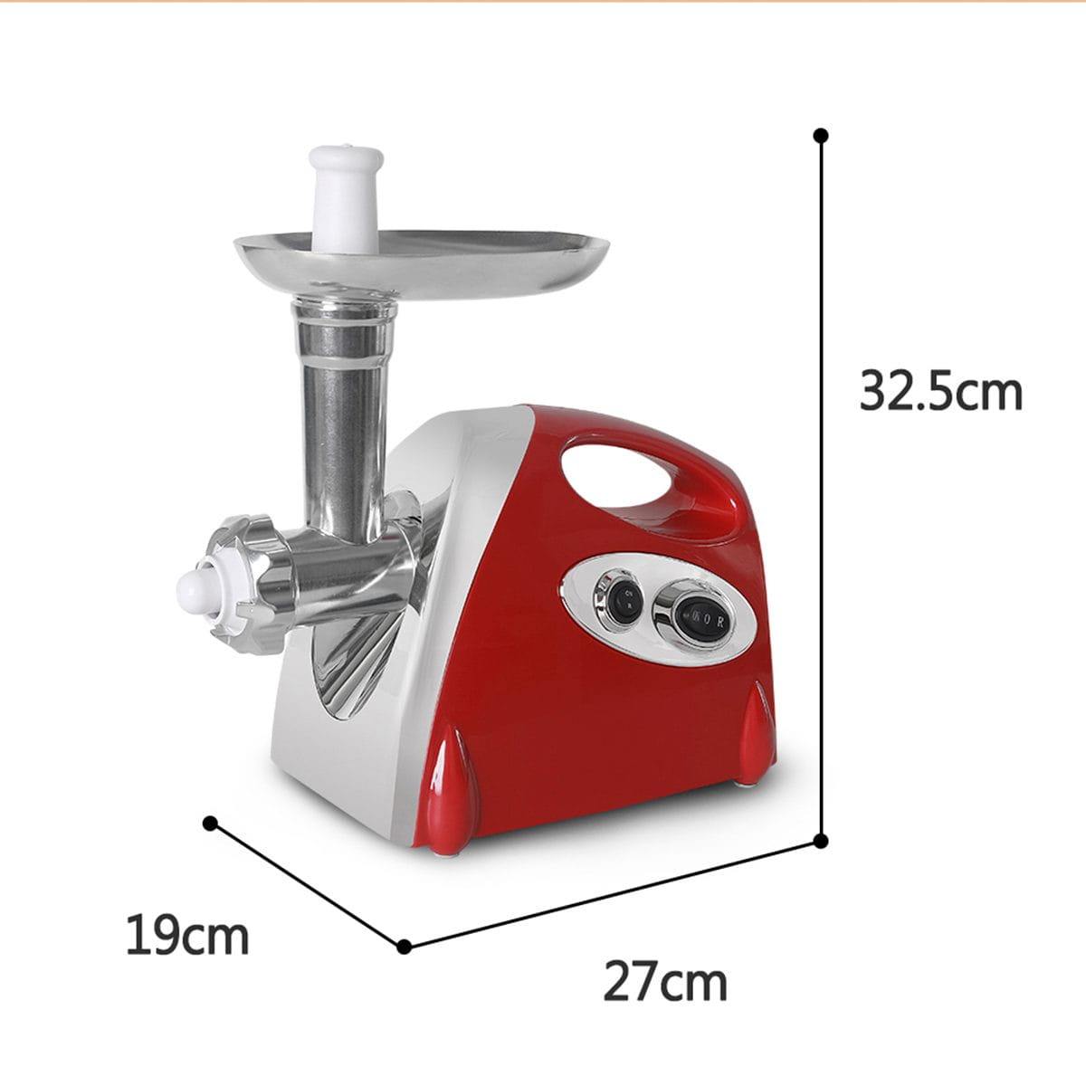 Red multifunctional meat grinder stainless steel with a chrome-plated feeding chute, dual control knobs, and an ergonomic handle for efficient electric multifunctional meat processing.