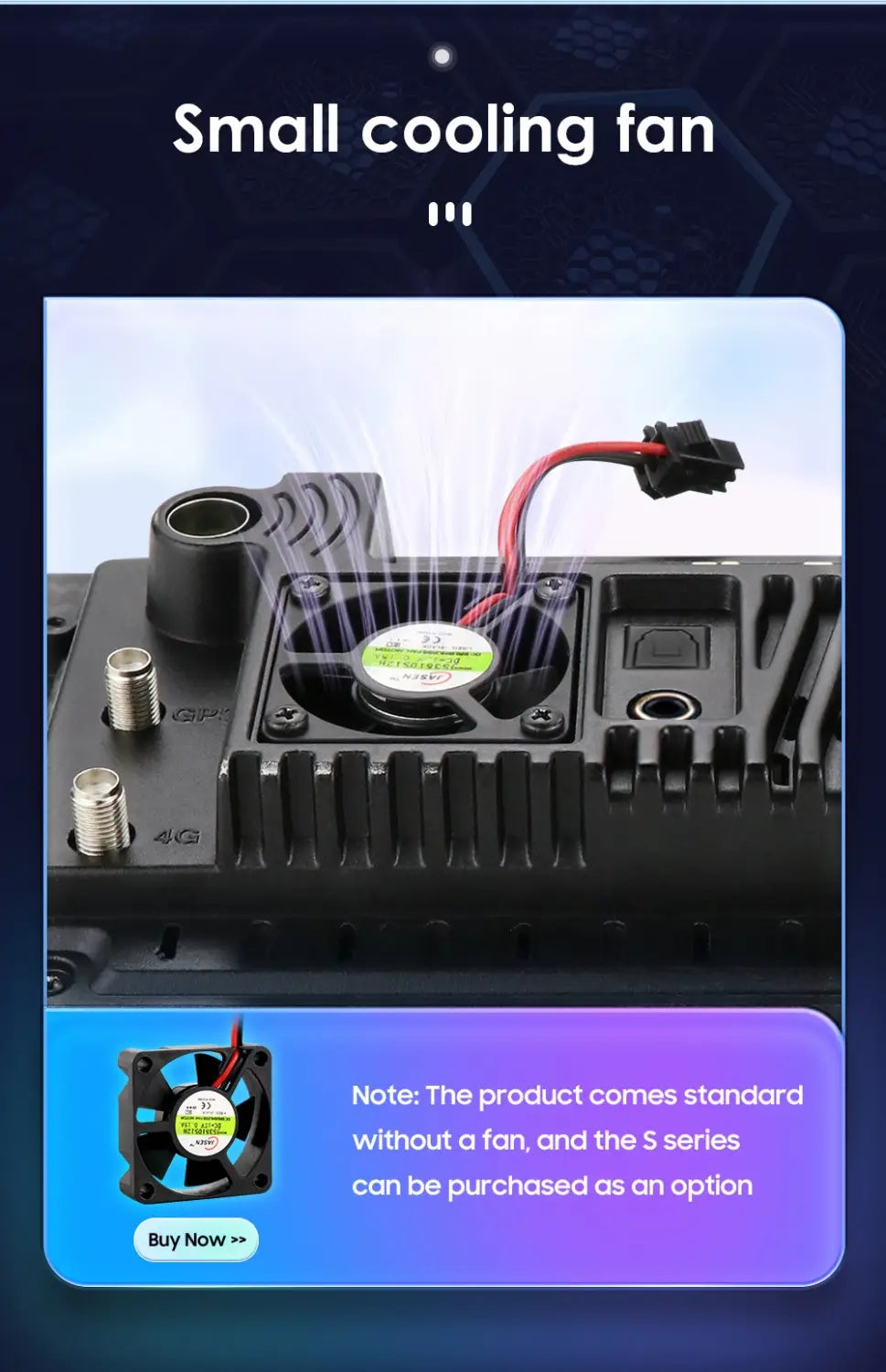 black small cooling fan with red and black wiring attached to the back side of a 10.1 inch android car navigation wifi 4glte version carplay device