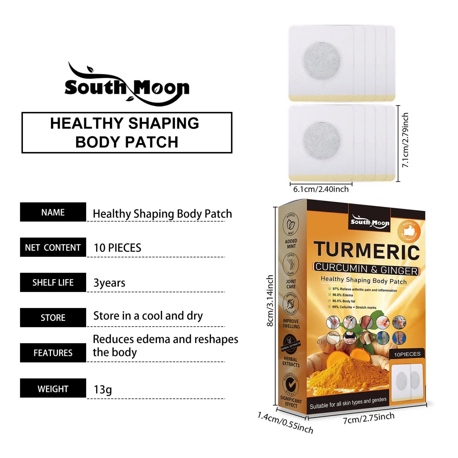 South moon herbal beauty shaping body patch is a rectangular adhesive patch with a white base and subtle textured center featuring turmeric curcumin and ginger for healthy body shaping.