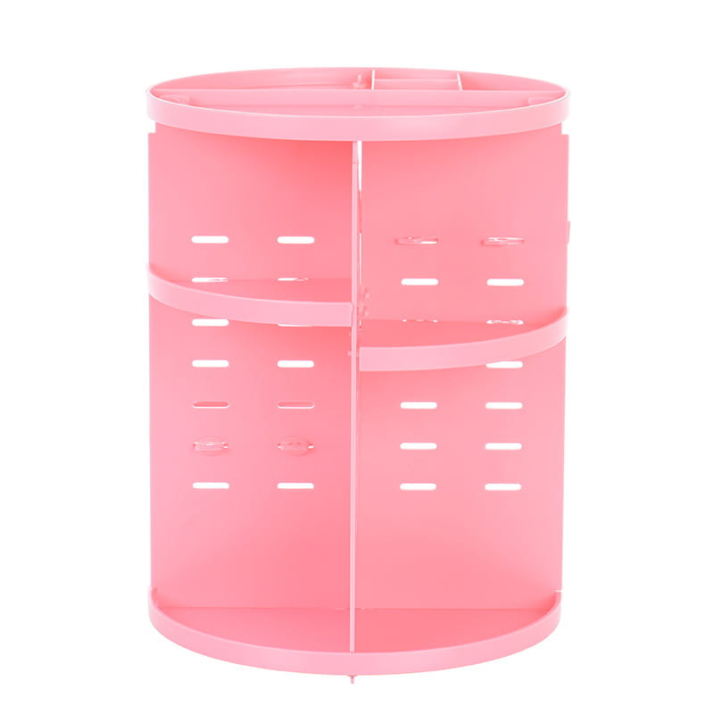 pink plastic cylindrical rotating makeup organizer with multiple compartments and perforated sides for efficient makeup storage and access