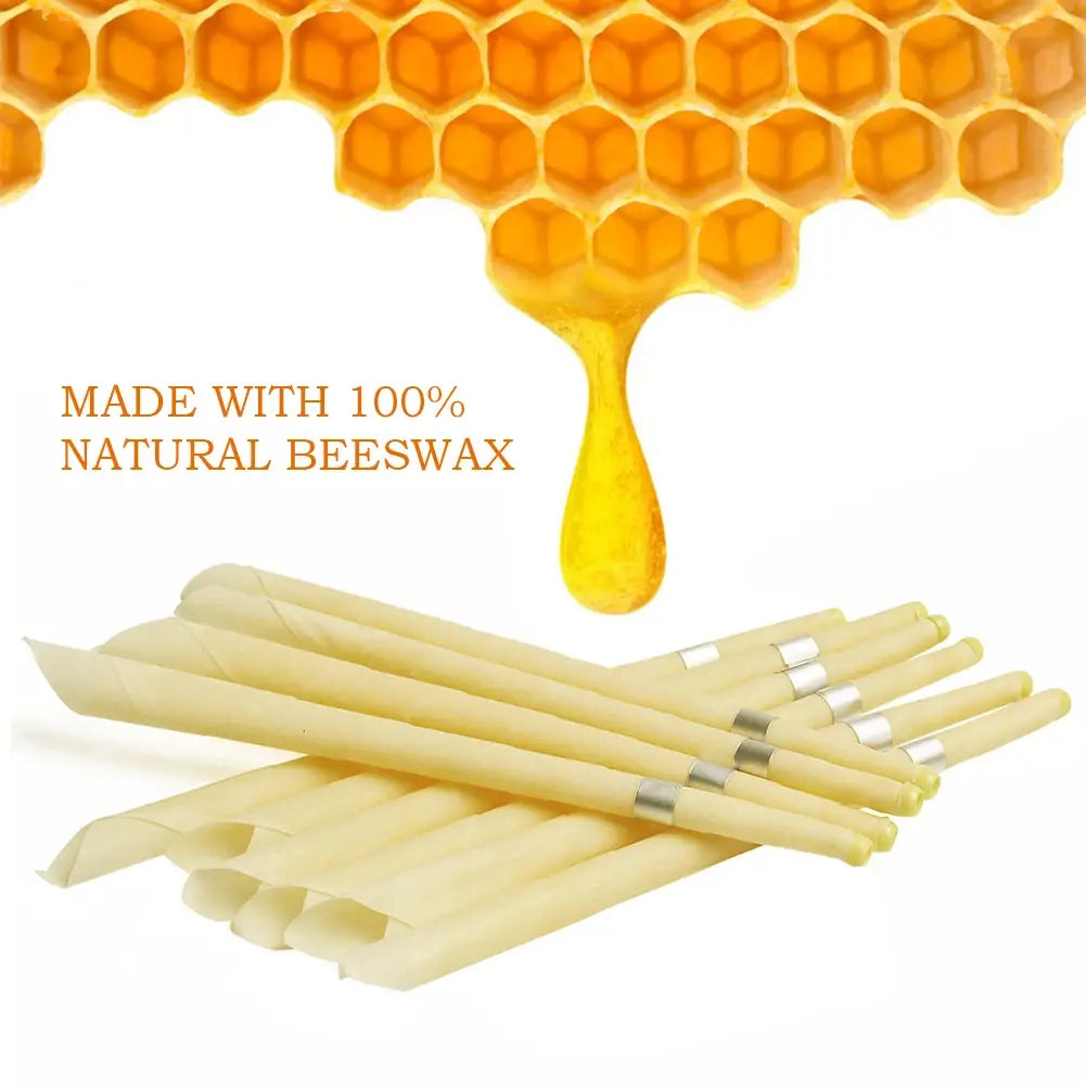 a set of pale yellow coning beewax natural ear candle wicks each featuring a metallic silver band near the tip for ear healthy care and wax removal