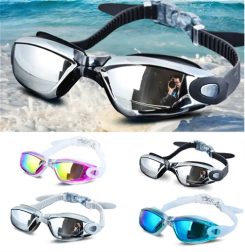 Silver mirrored swimming goggles waterproof with black adjustable straps and a sleek modern design for enhanced performance.