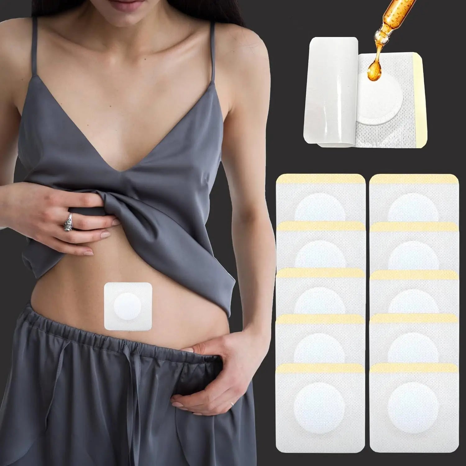 white circular magnetic slimming navel belly button patches with a yellow border designed for topical use as a belly button patch slimming product