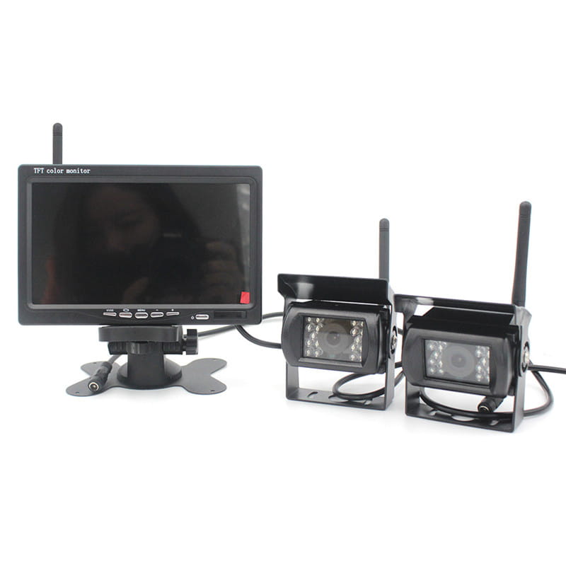 Black tft color monitor with antenna and two black wireless rearview cameras featuring led lights for seven-inch wireless analog signal rear view camera system