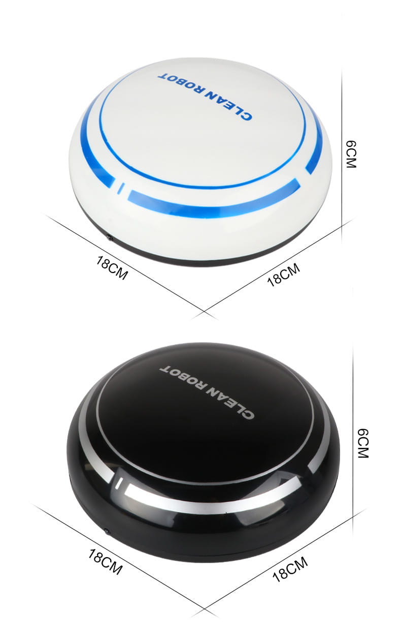 white and black circular mini desktop robot vacuum cleaners with sleek design featuring blue and silver accent stripes and clean robot branding