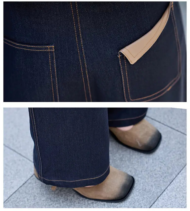 dark-wash denim jeans with contrasting tan stitching and matching tan pocket flap paired with brown gradient square-toe heels in an elegance retro casual denim jacket and pants set.