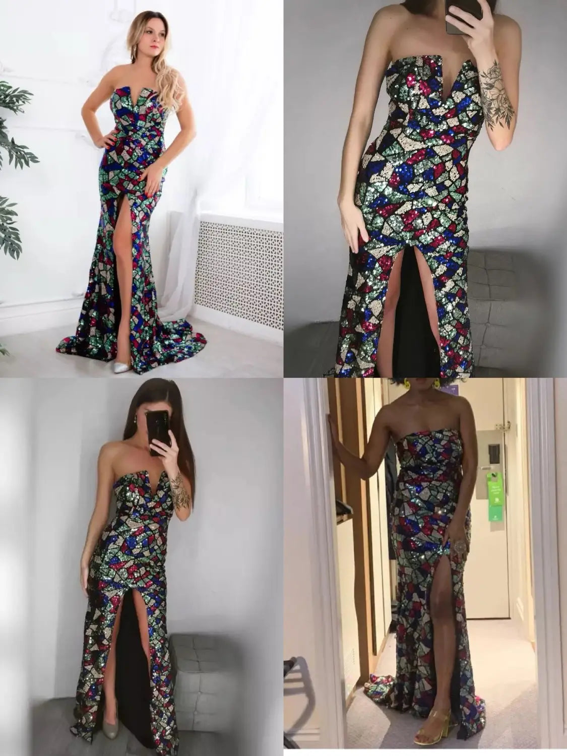 A women sexy strapless floor-length gown with a high slit featuring a vibrant floral pattern in reds blues greens and blacks designed with shoulder sequin accents.