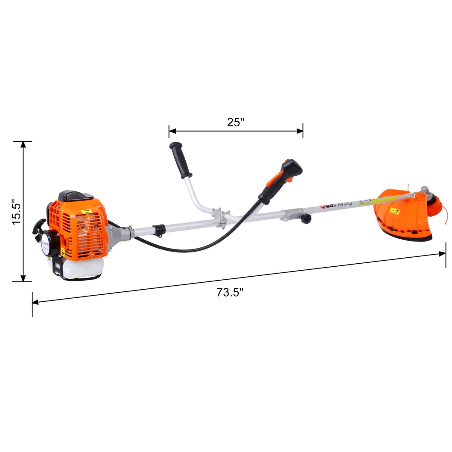 Orange and black gas powered plastic pruning tools with an adjustable silver handlebar and cutting head for efficient pruning applications.