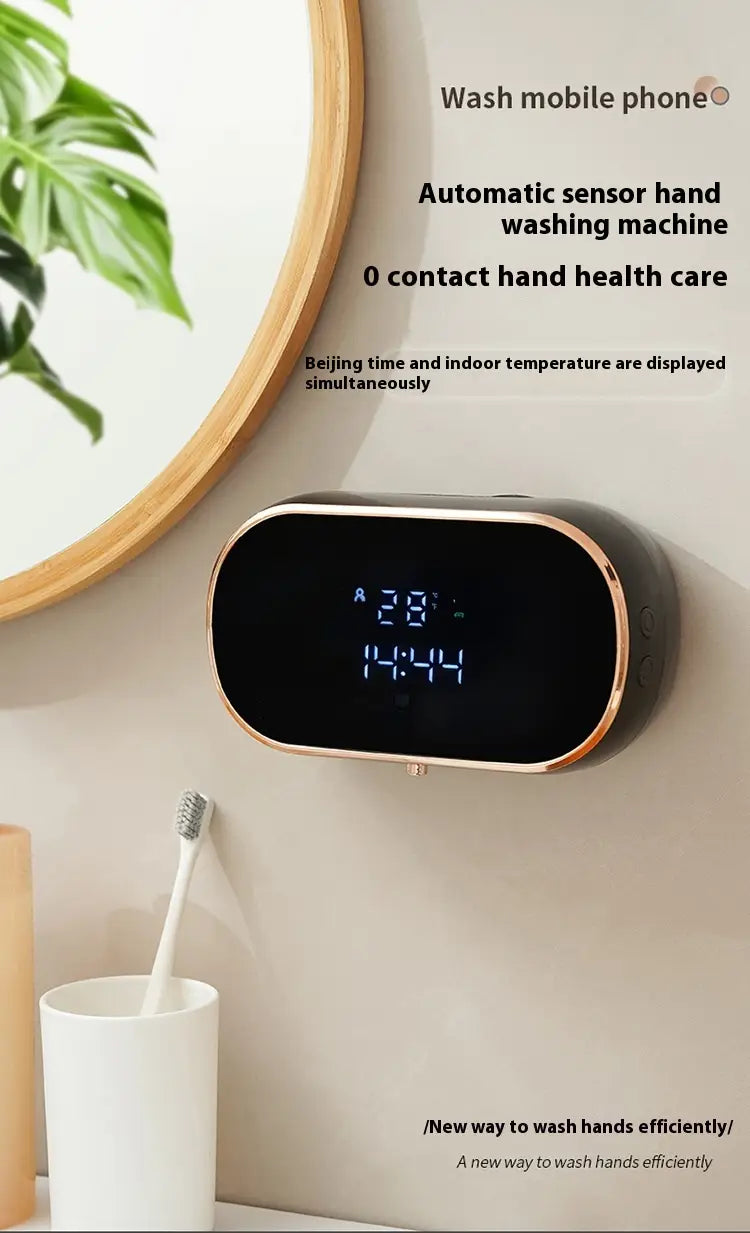 black and gold automatic intelligent foam soap dispenser with digital display showing time and temperature for bathroom automatic intelligent hand washing machine use