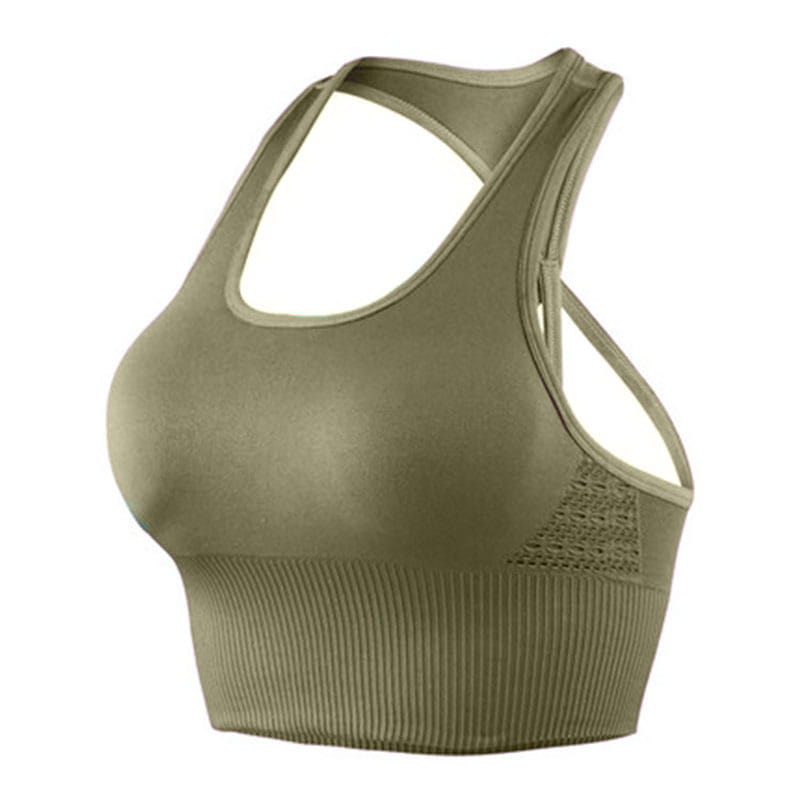 olive green shockproof sports bra with crisscross back straps and ribbed fabric designed for fitness exercise seamless support