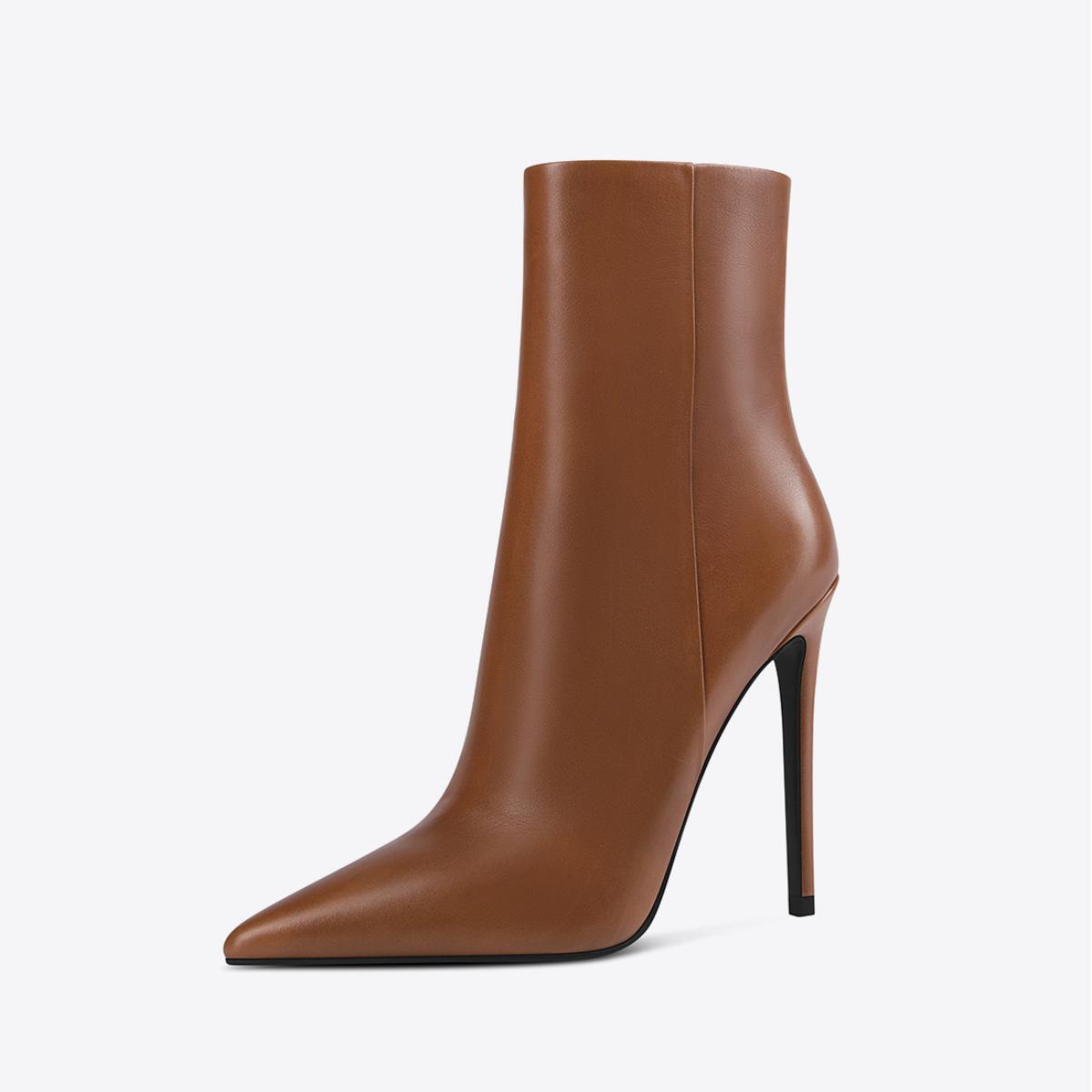 brown leather stiletto ankle boots with pointed toe and high stiletto heel
