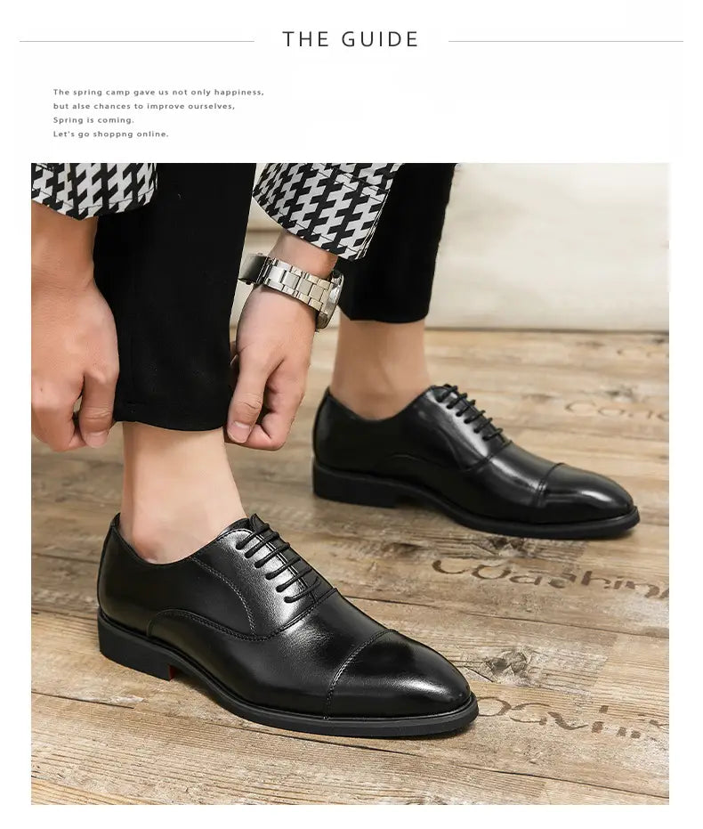 Black leather oxford shoes with a polished finish and classic cap toe design for plus size casual leather shoes.