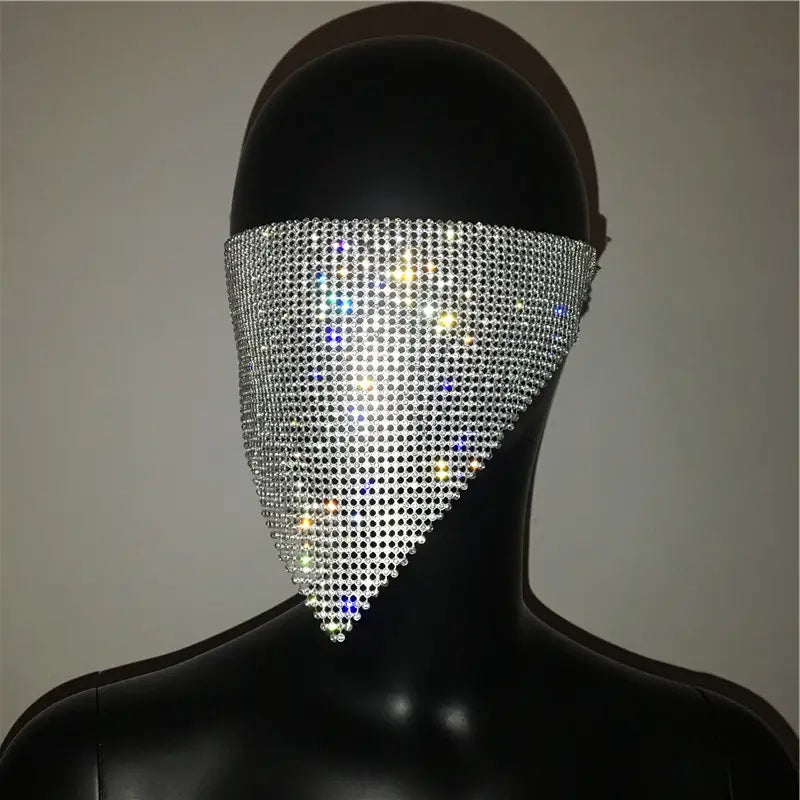 a dazzling triangular gold rhinestone explosive metal flash jewelry mask featuring a dense grid of sparkling silver rhinestones designed to cover the lower half of the face in an elegant pointed shape