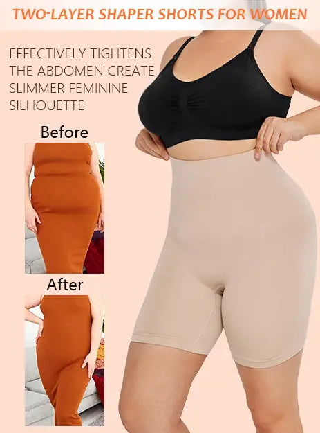 beige two-layer shaper shorts for women designed to tighten the abdomen and create a slimmer feminine silhouette paired with black casual slim leggings shapewear set