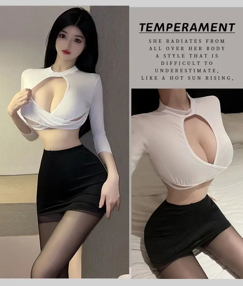white long sleeve secretary crop top with high neckline and large bust cutout designed as sexy underwear long sleeve sheer secretary suit.